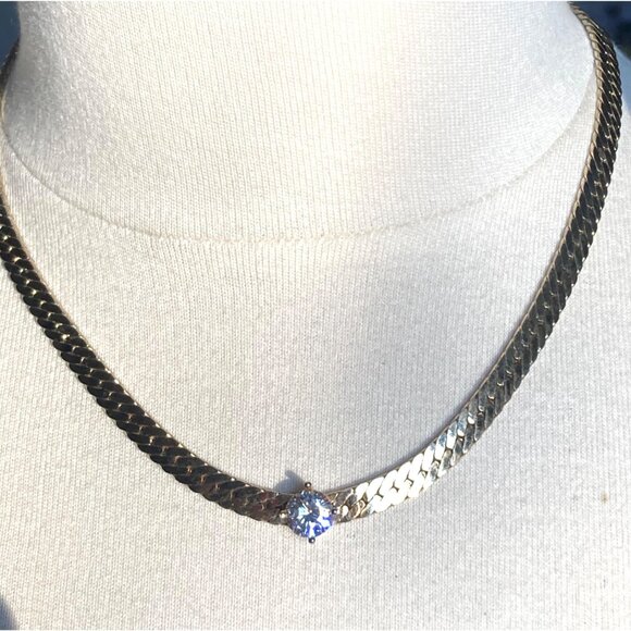 Vintage Gold Tone Solitaire Rhinesotne Necklace Herringbone Chain 17in Korea - Picture 2 of 13